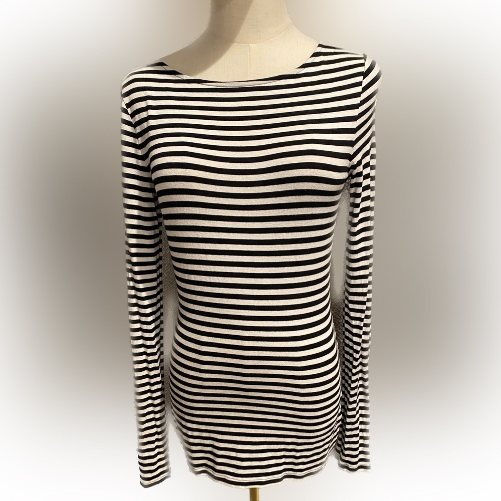 Trouve Scoop Back Longsleeve Black White Stripe Top